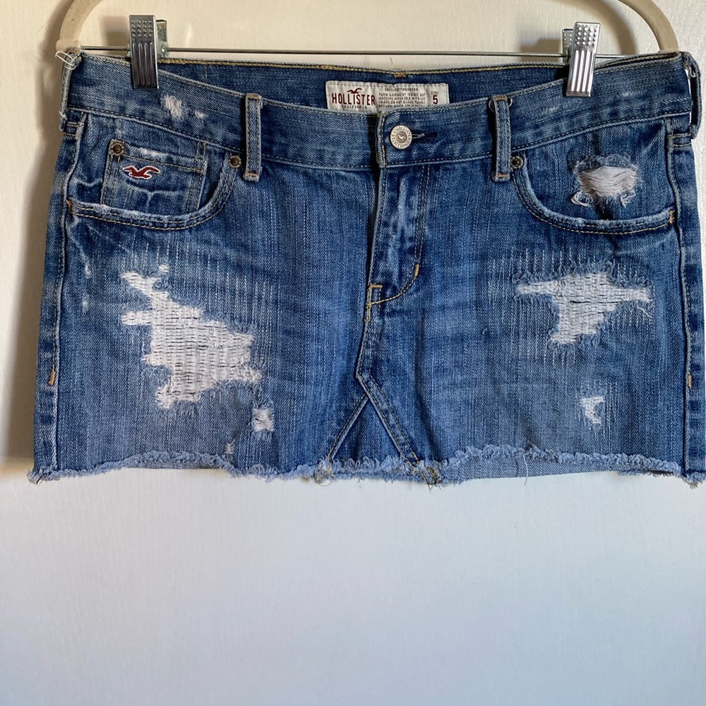 *Hollister Vintage Y2K Medium Wash Distressed Raw Hem Sz 5Micro Denim Skirt#Pk